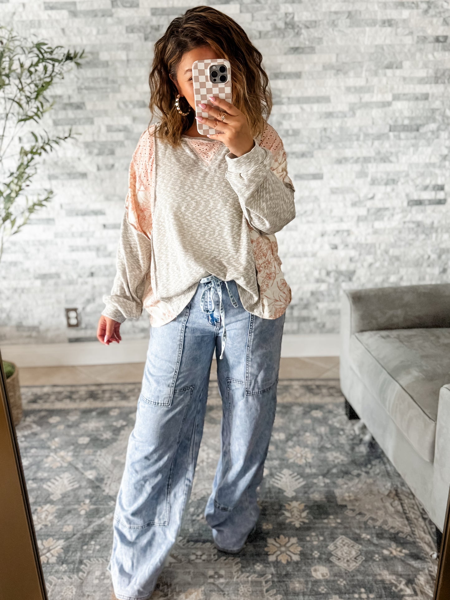 GREY SLUB & MIXED PINK EYELET KNIT FLORAL TOP