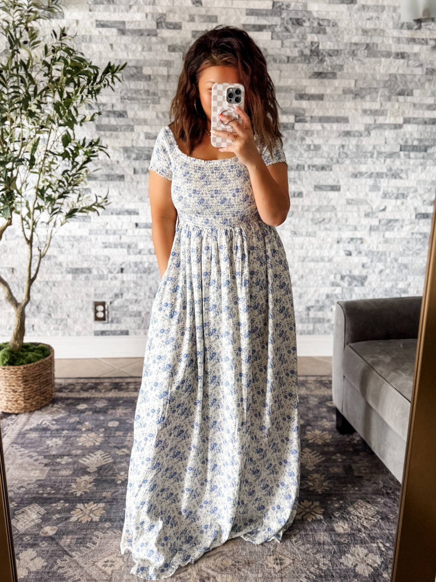 MADELINE SMOCKED MAXI DRESS - BLUE FLORAL