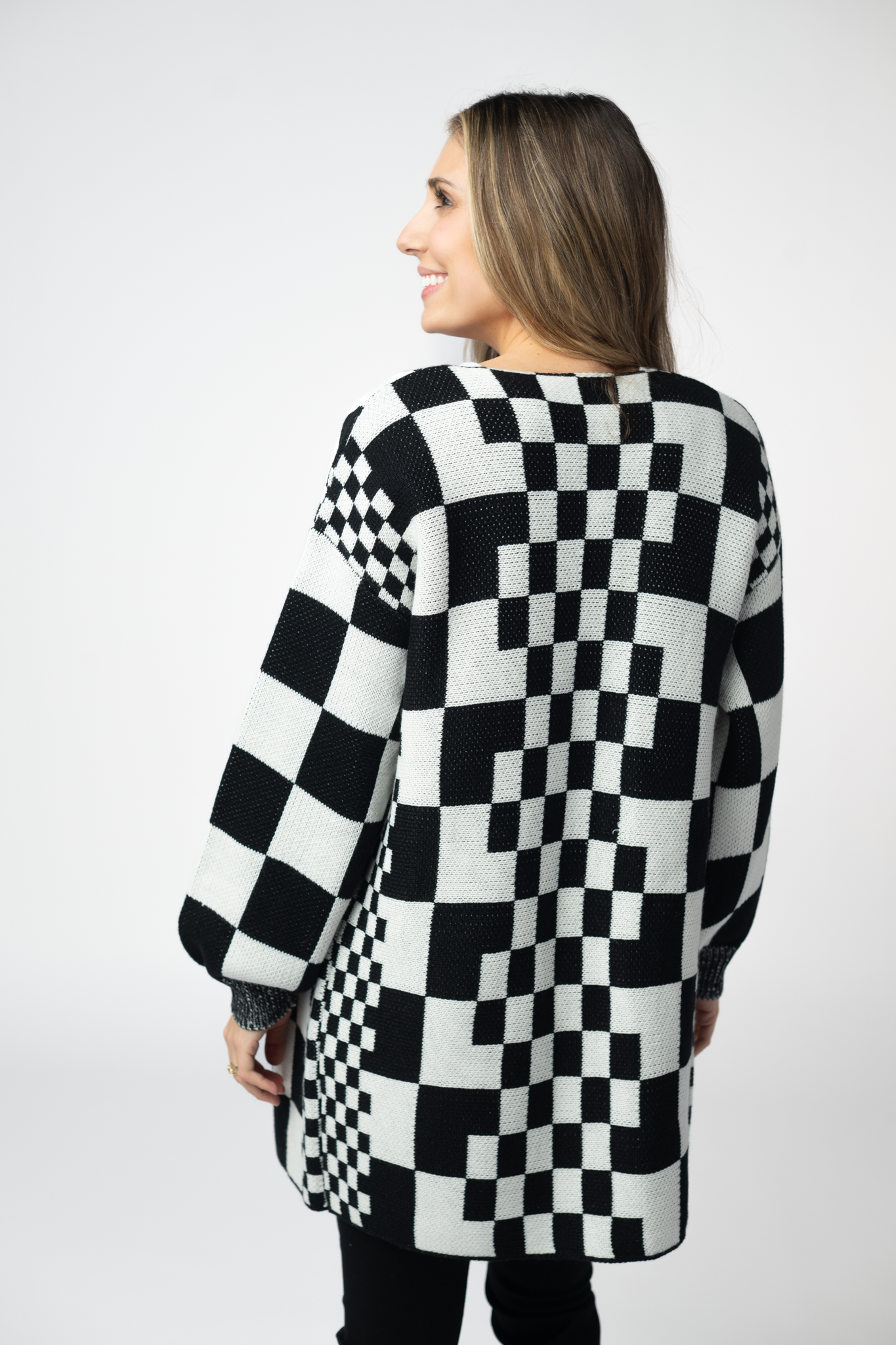 Long Checkered Pocket Cardigan - Black and White