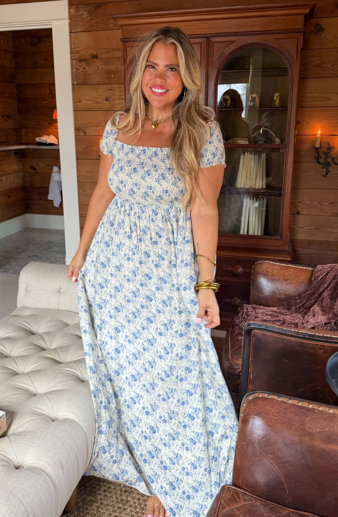 MADELINE SMOCKED MAXI DRESS - GREEN LATTICE