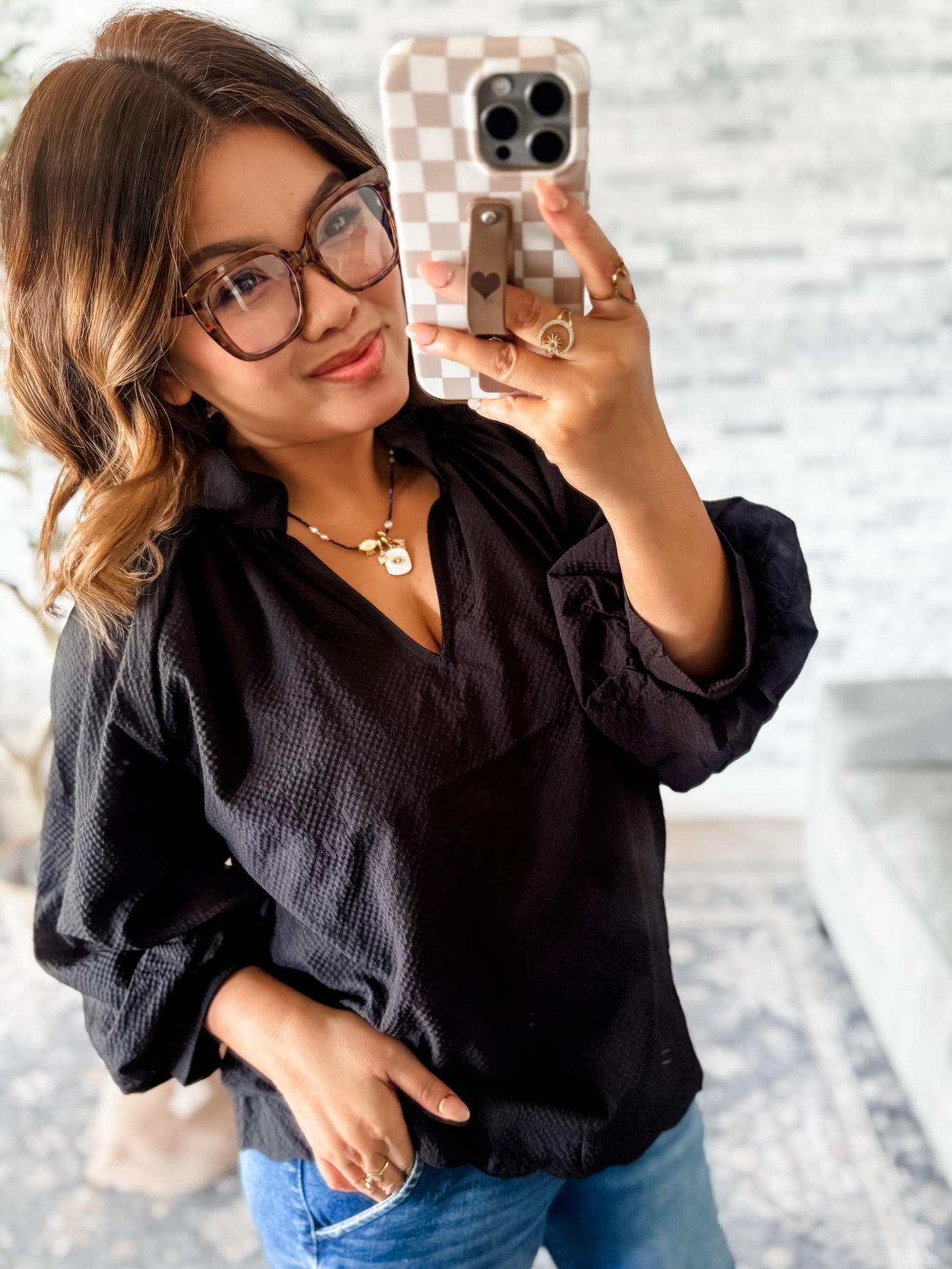 TEXTURED BALLOON SLEEVE BLOUSE in BLACK
