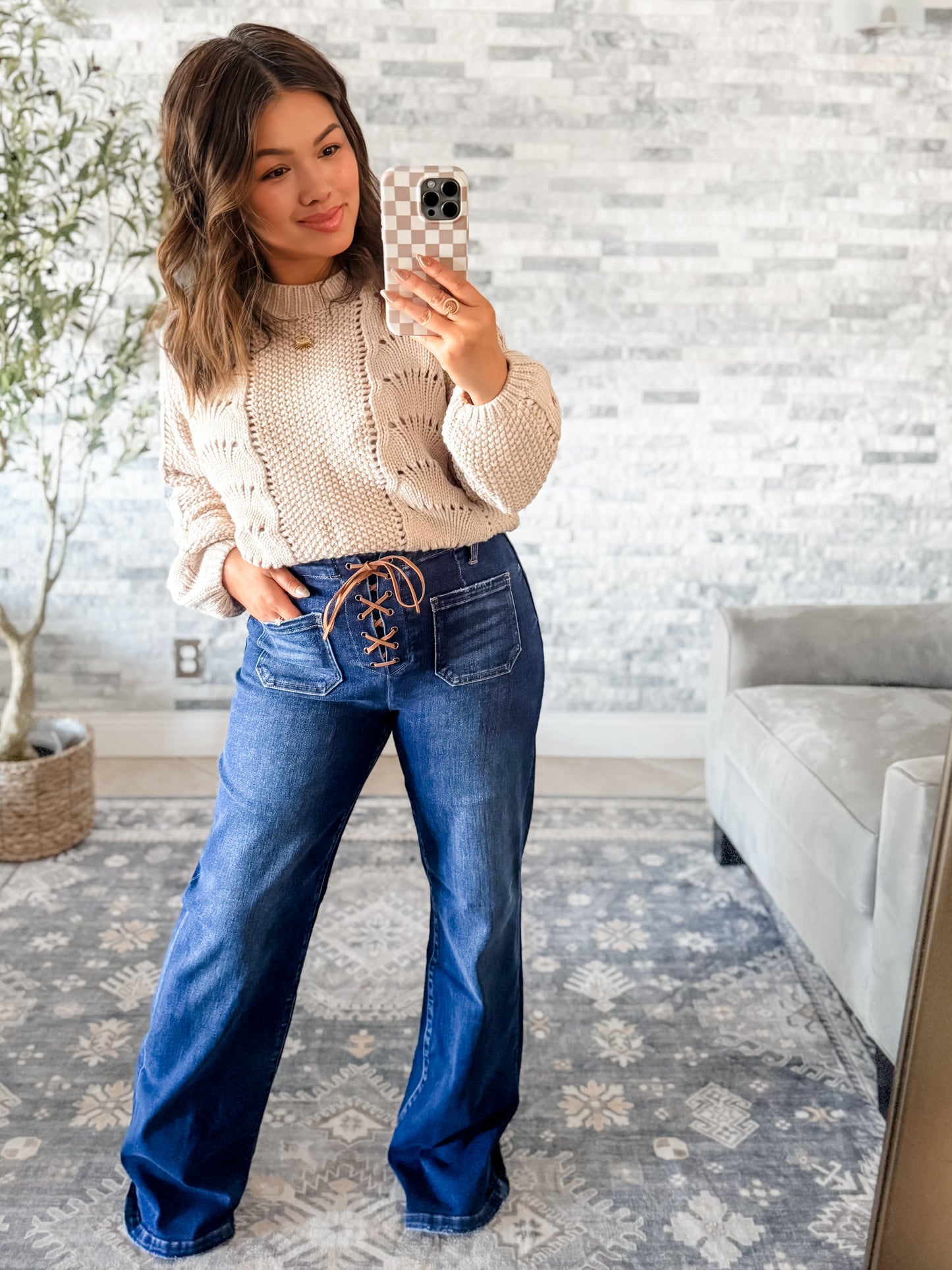 RISEN HIGH RISE WIDE LEG JEANS w/ FRONT TIE DETAILS