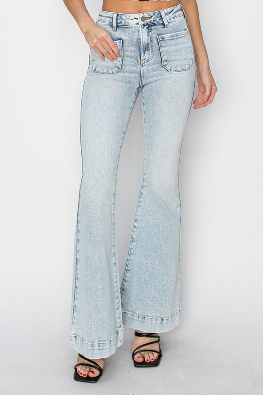 RISEN ACID WASH HIGH RISE FRONT PATCH POCKET FLARE JEANS