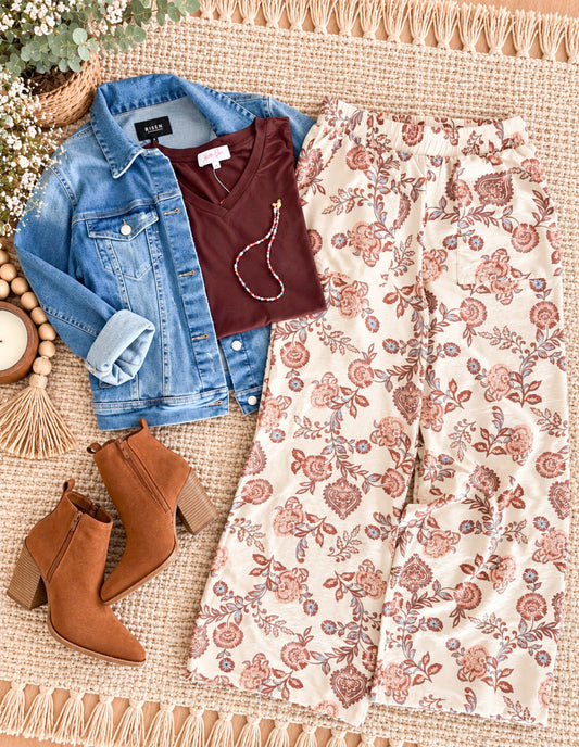 IVORY Floral Print WIDE LEG PANTS