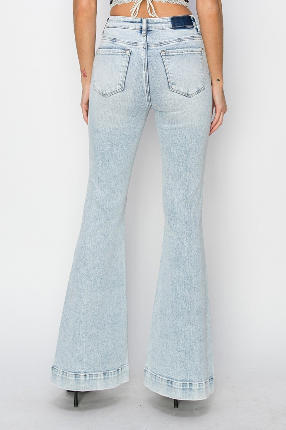 RISEN ACID WASH HIGH RISE FRONT PATCH POCKET FLARE JEANS