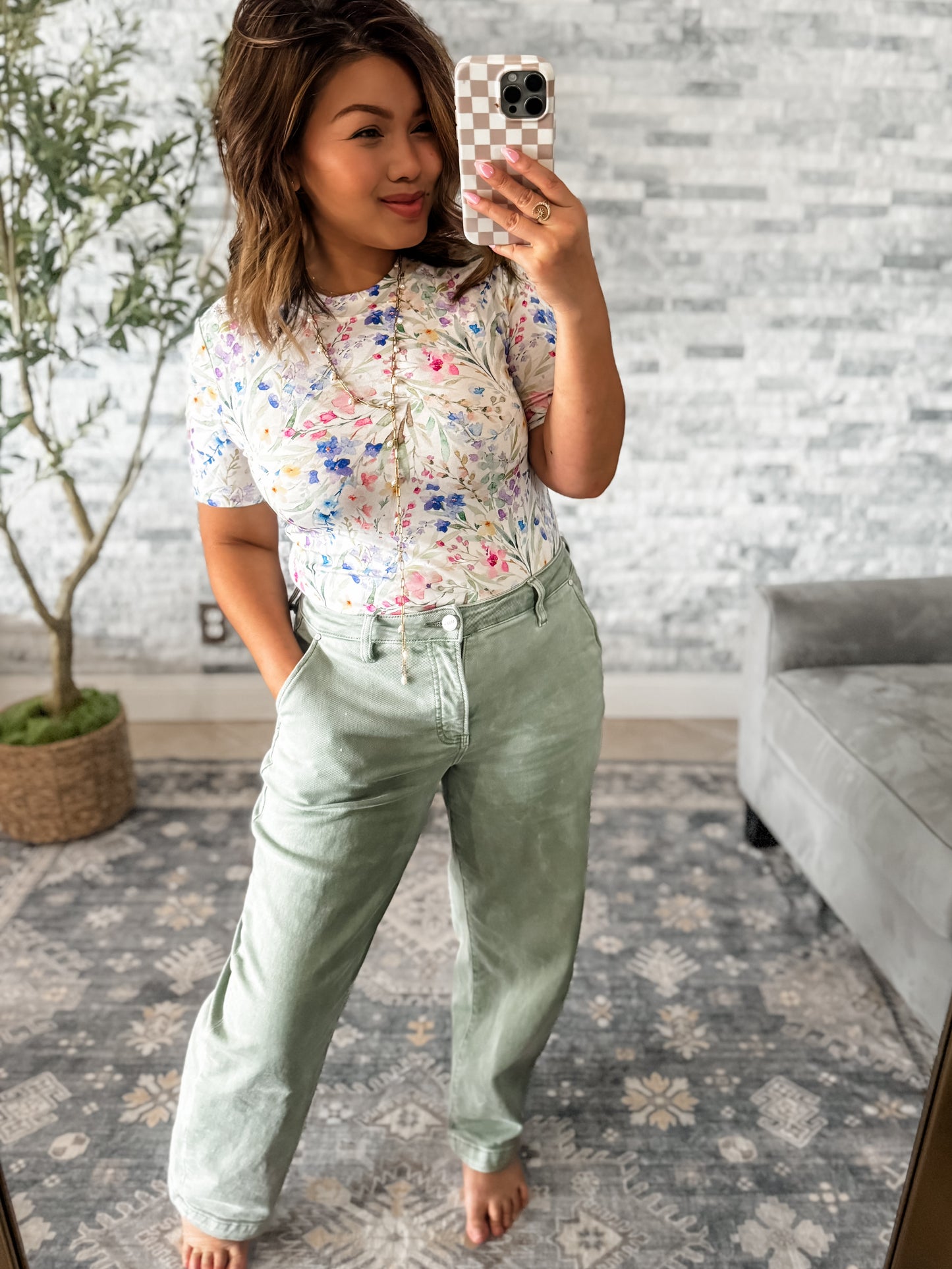 RISEN TUMMY CONTROL CROPPED OLIVE BARREL JEANS