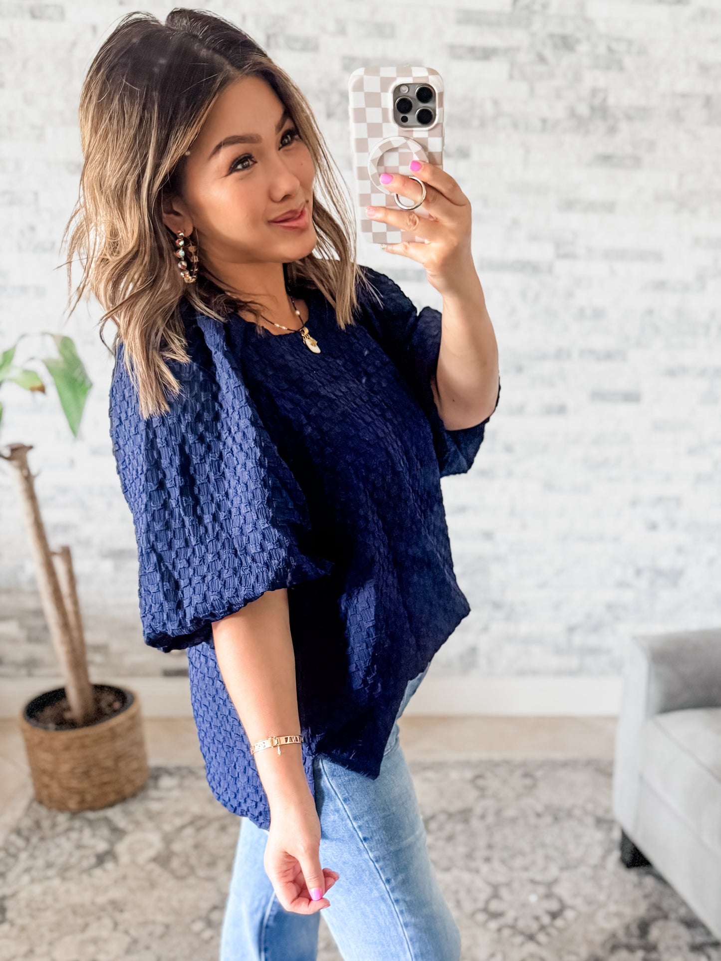 JACQUARD BOXY CUT BUBBLE SLEEVE TOP in NAVY