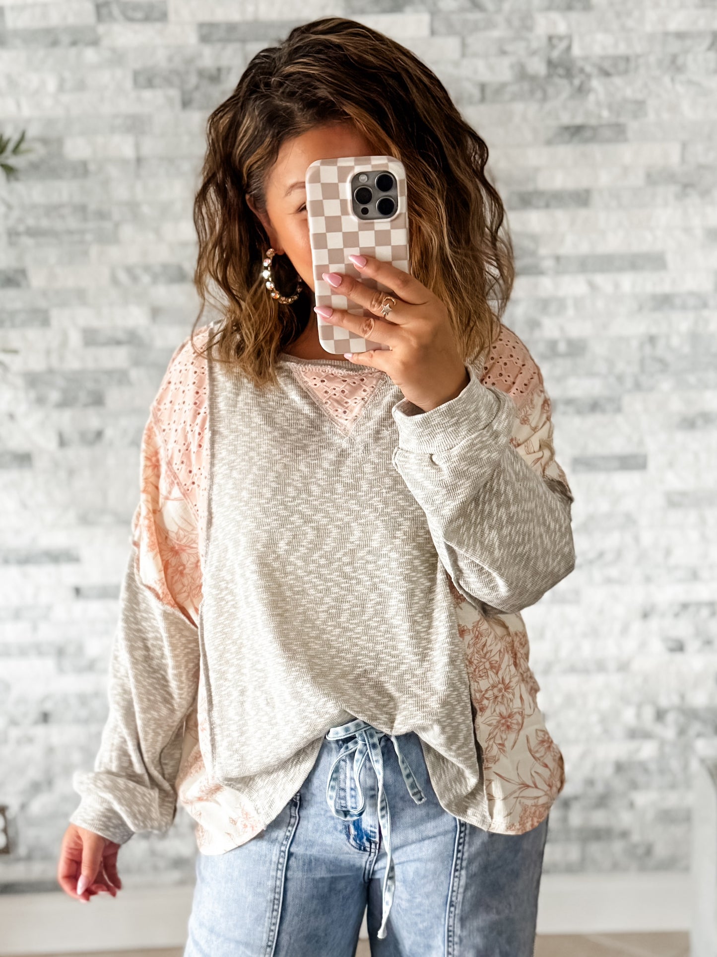 GREY SLUB  & MIXED PINK EYELET KNIT FLORAL TOP