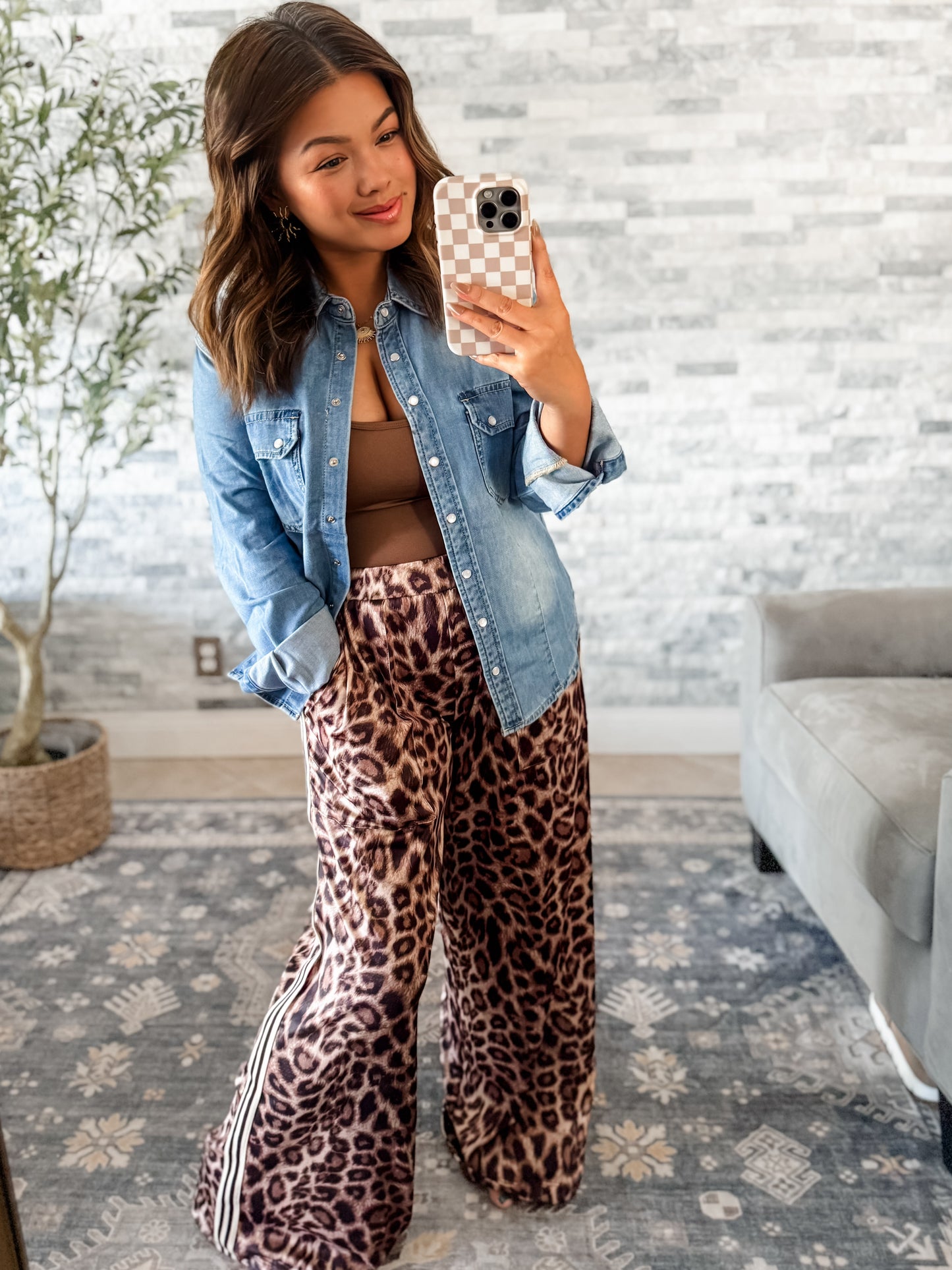 HADDIE SILKY SOFT WIDE LEG CHEETAH SIDE STRIPE PANTS