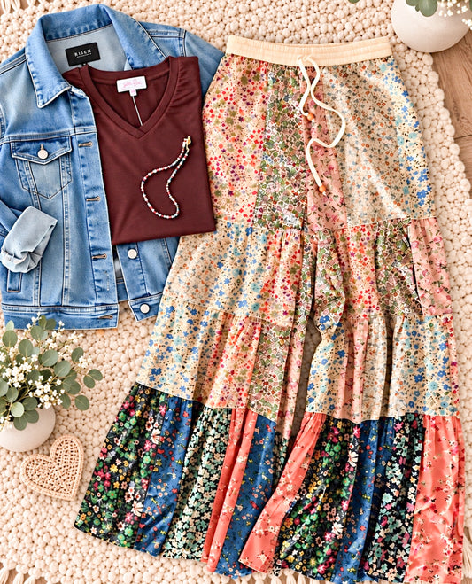 MIXED PRINT FLOWY BOHO WIDE LEG PANTS