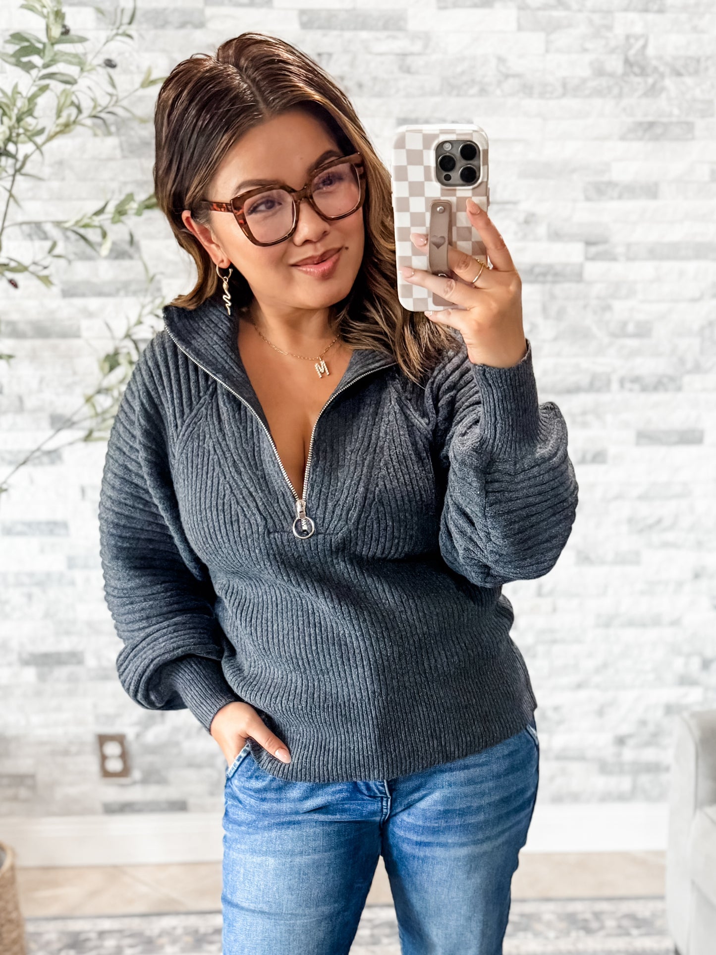 LUXE HALF ZIP BALLOON SLEEVE RIBBED SWEATER