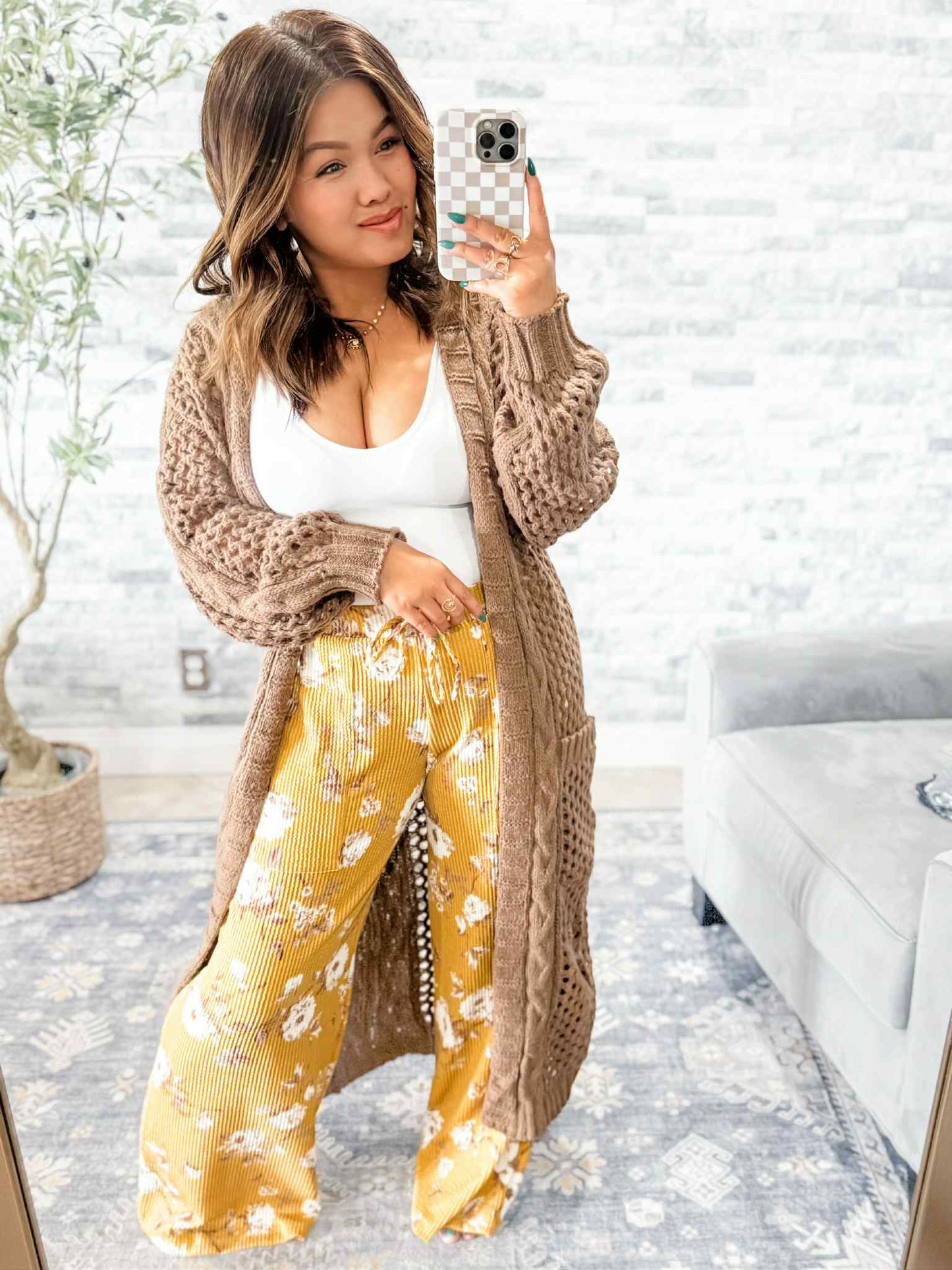 HADDIE FLORAL URBAN RIBBED WIDE LEG PANTS  in MUSTARD