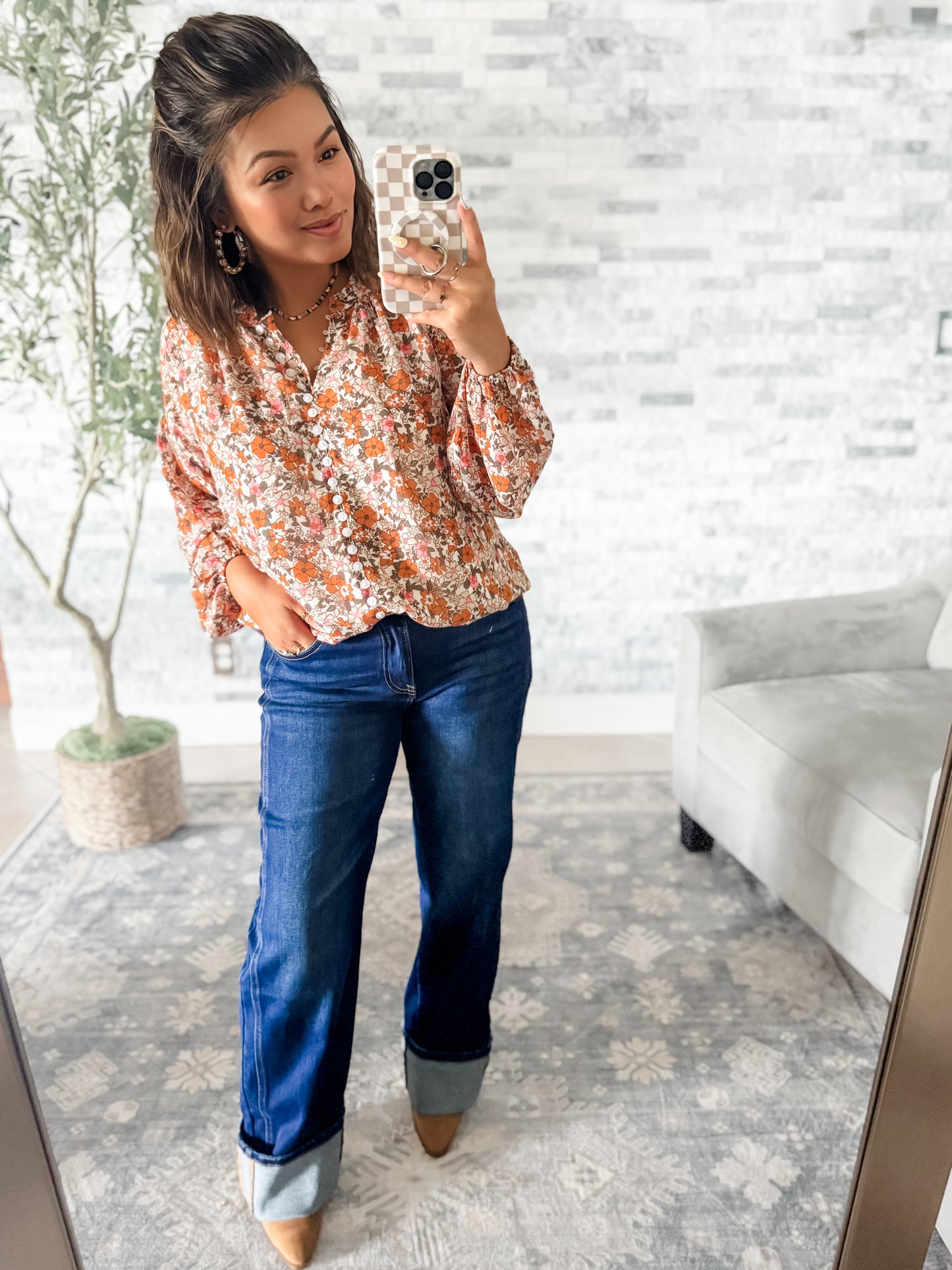 RUST & PINK FLORAL BUTTON DOWN BLOUSE