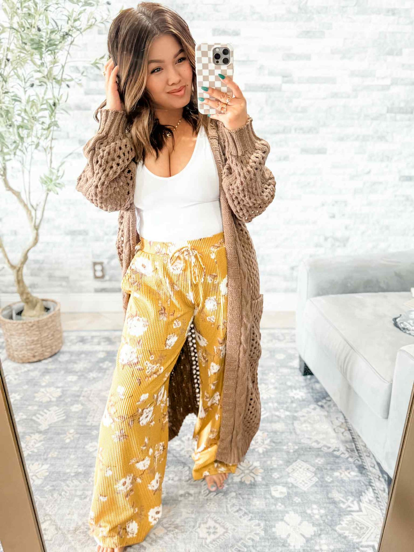 HADDIE FLORAL URBAN RIBBED WIDE LEG PANTS  in MUSTARD