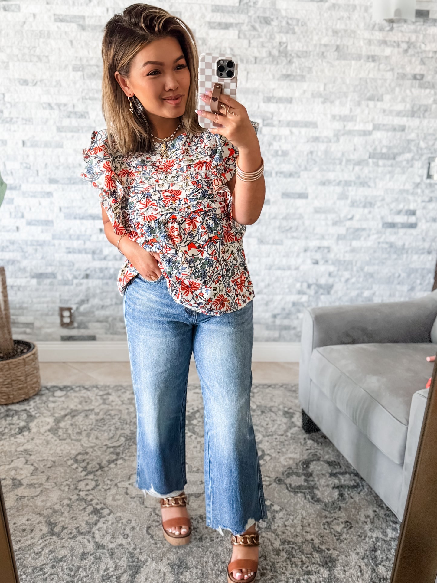 PINTUCK FLORAL FLUTTER SLEEVE BLOUSE