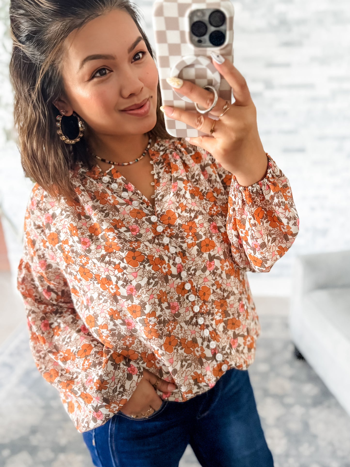 RUST & PINK FLORAL BUTTON DOWN BLOUSE