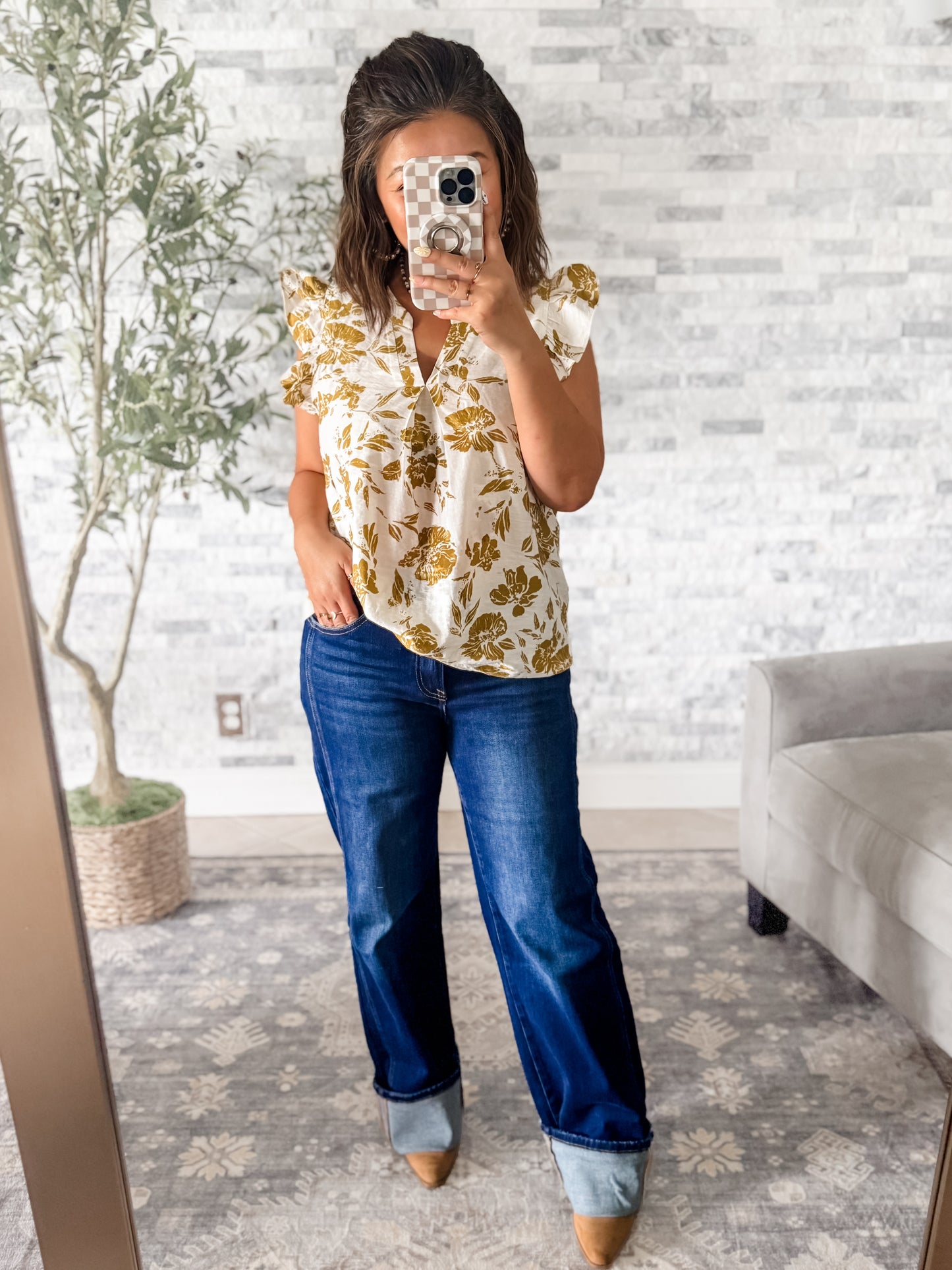 RISEN MID RISE WIDE LEG CUFFED JEANS