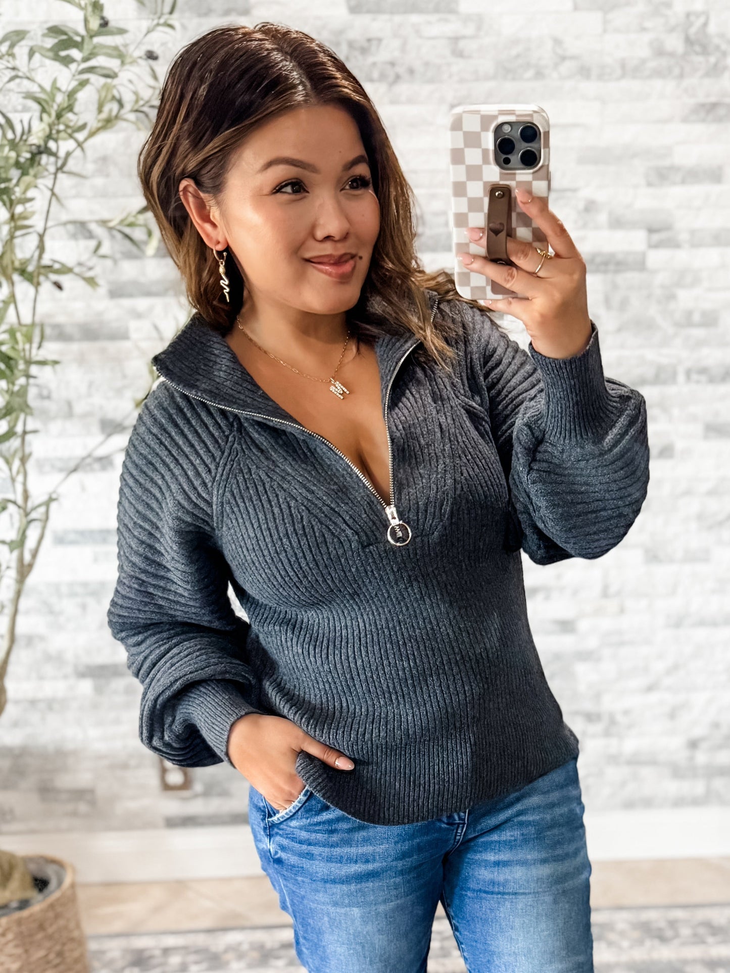 LUXE HALF ZIP BALLOON SLEEVE RIBBED SWEATER
