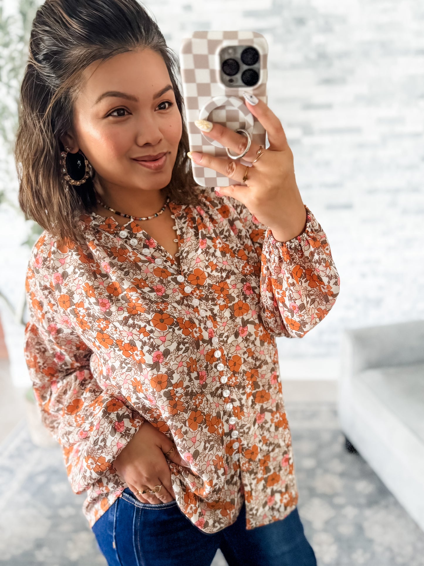 RUST & PINK FLORAL BUTTON DOWN BLOUSE