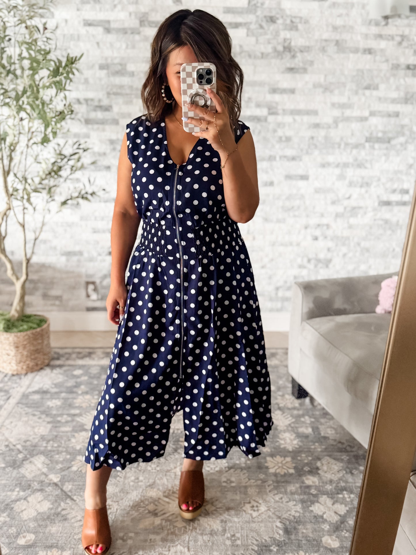 ANNIE MIDI ZIPPER DRESS - NAVY POLKA