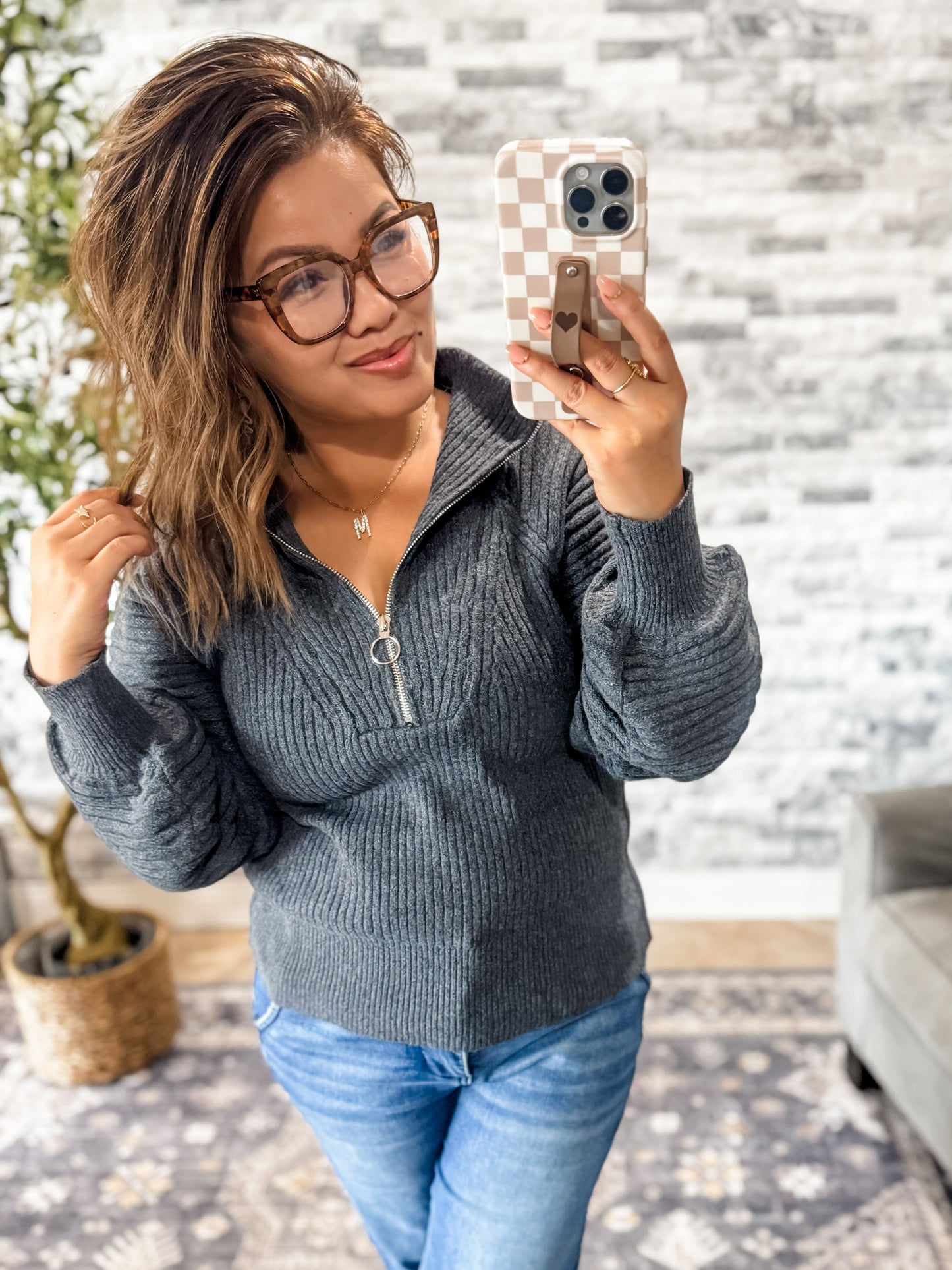 LUXE HALF ZIP BALLOON SLEEVE RIBBED SWEATER