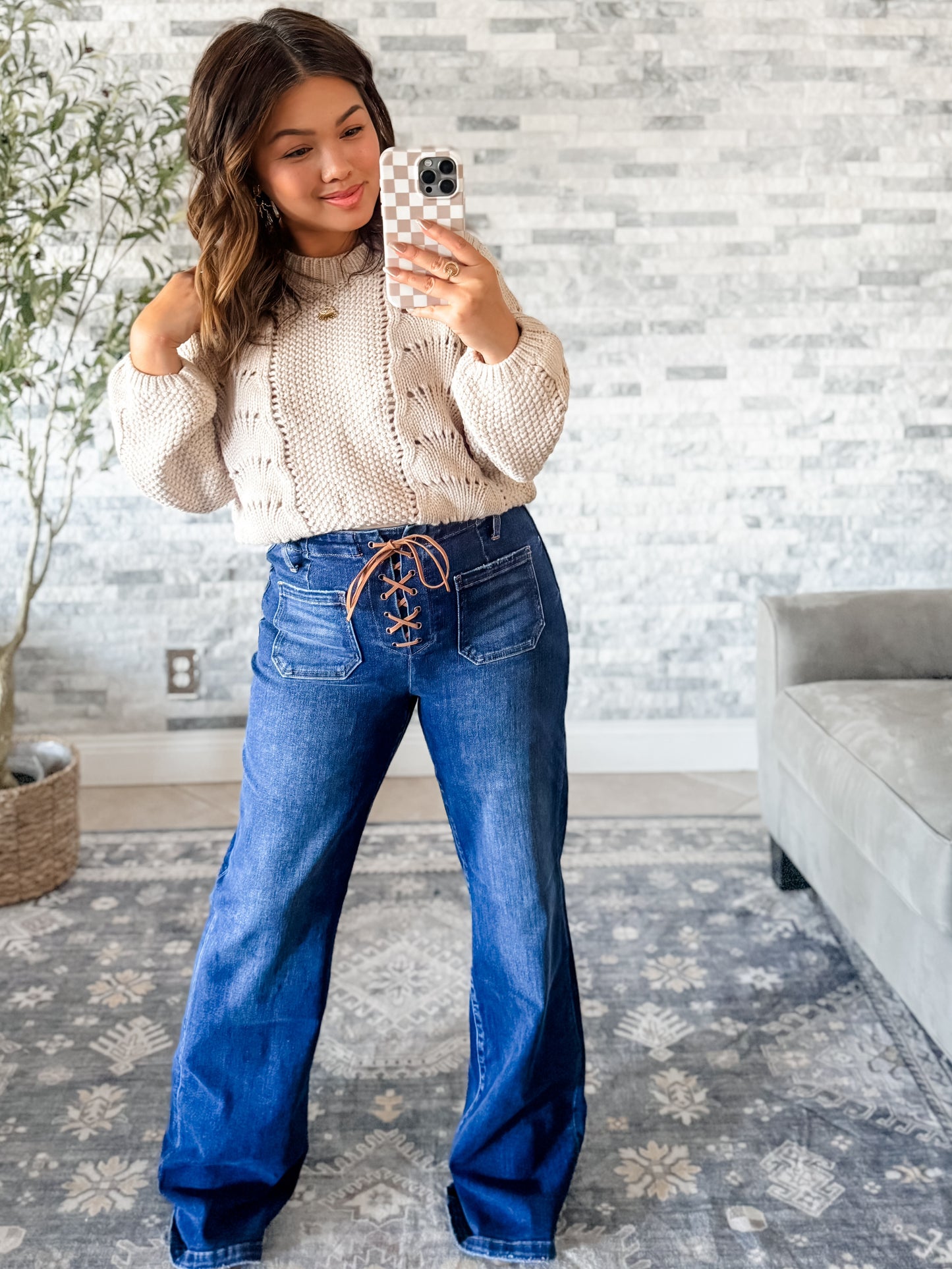 RISEN HIGH RISE WIDE LEG JEANS w/ FRONT TIE DETAILS