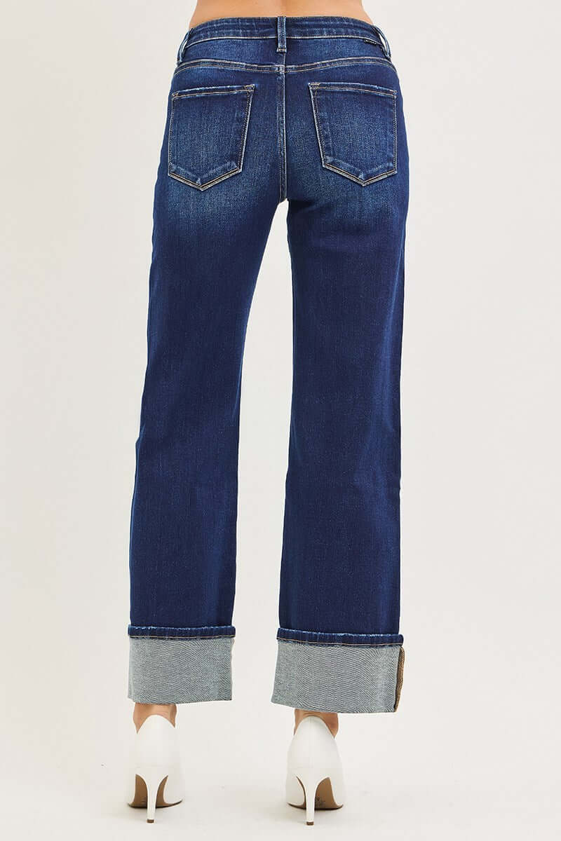 RISEN MID RISE WIDE LEG CUFFED JEANS