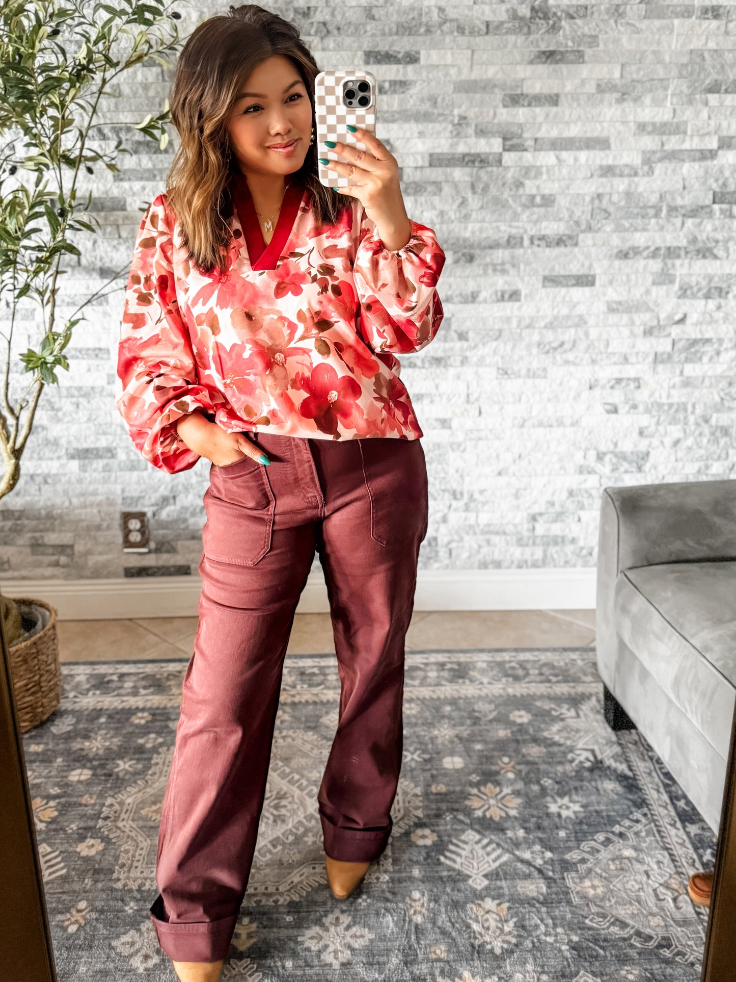 RISEN HIGH RISE PATCH POCKET JEANS in COCOA