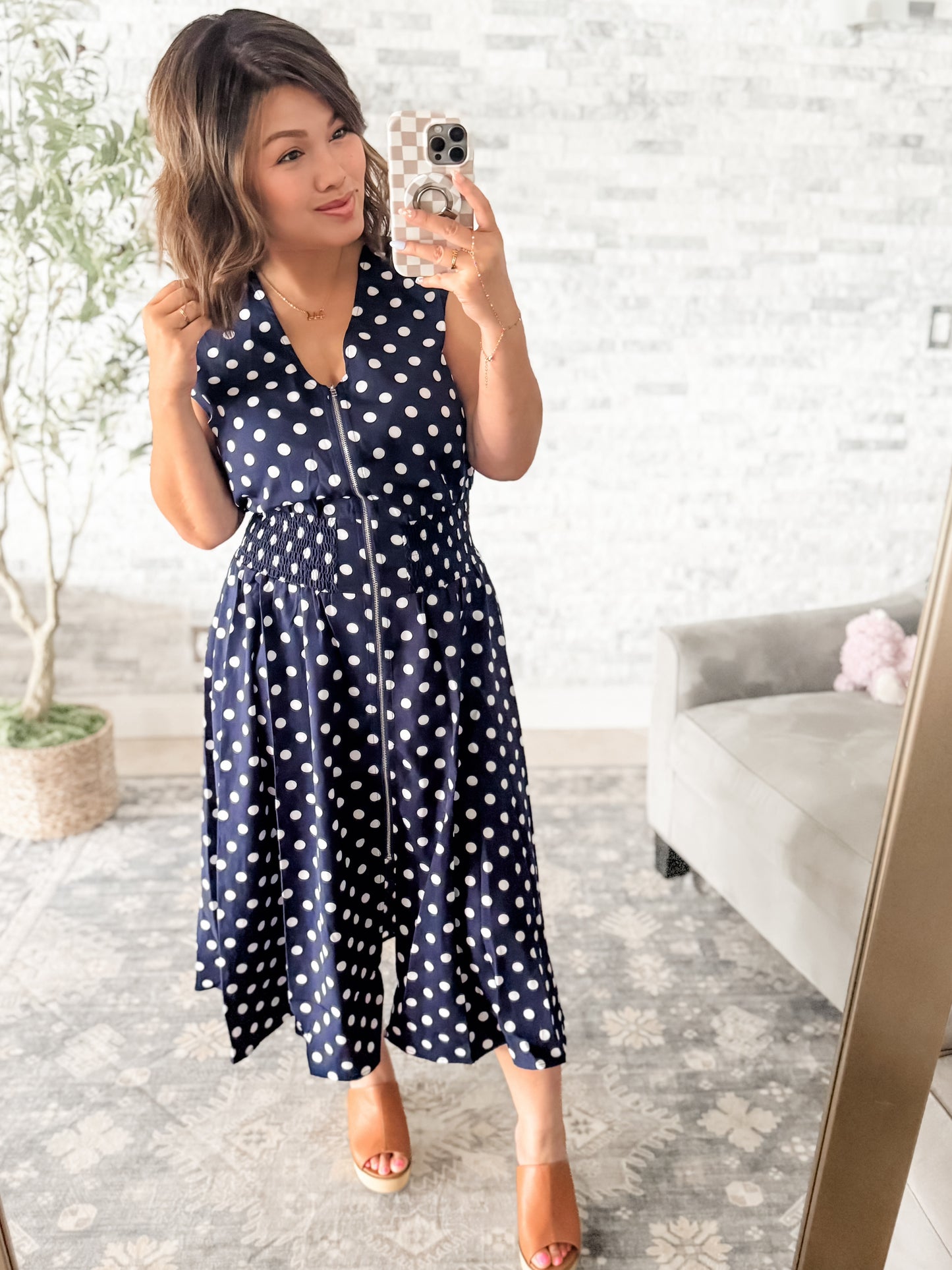 ANNIE MIDI ZIPPER DRESS - NAVY POLKA