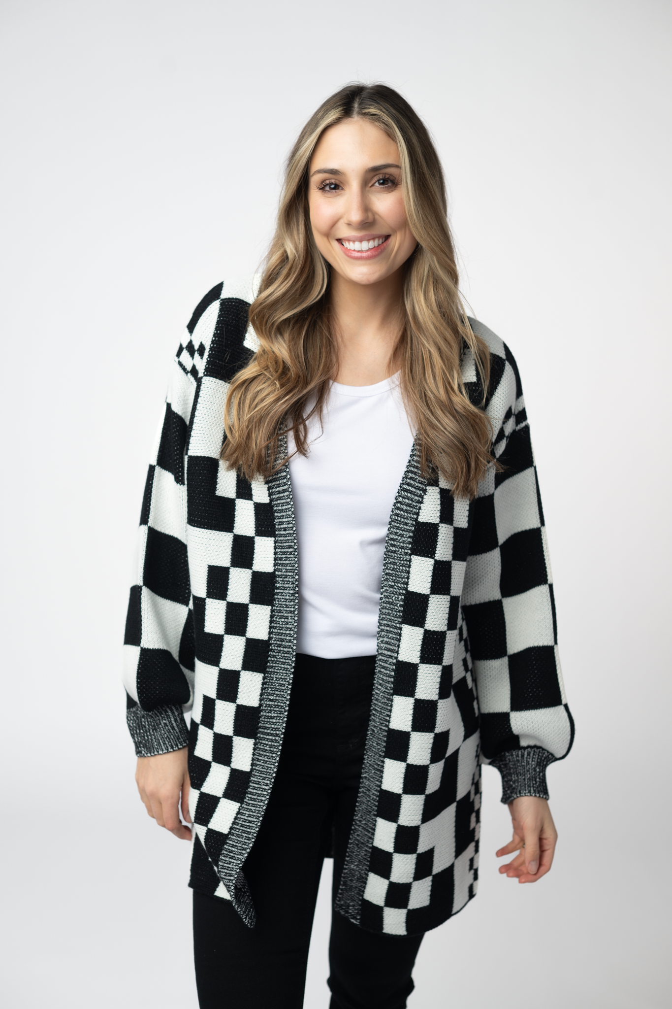 Long Checkered Pocket Cardigan - Black and White