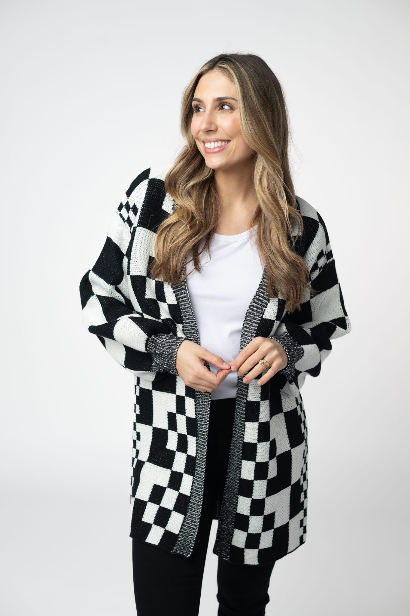 Long Checkered Pocket Cardigan - Black and White