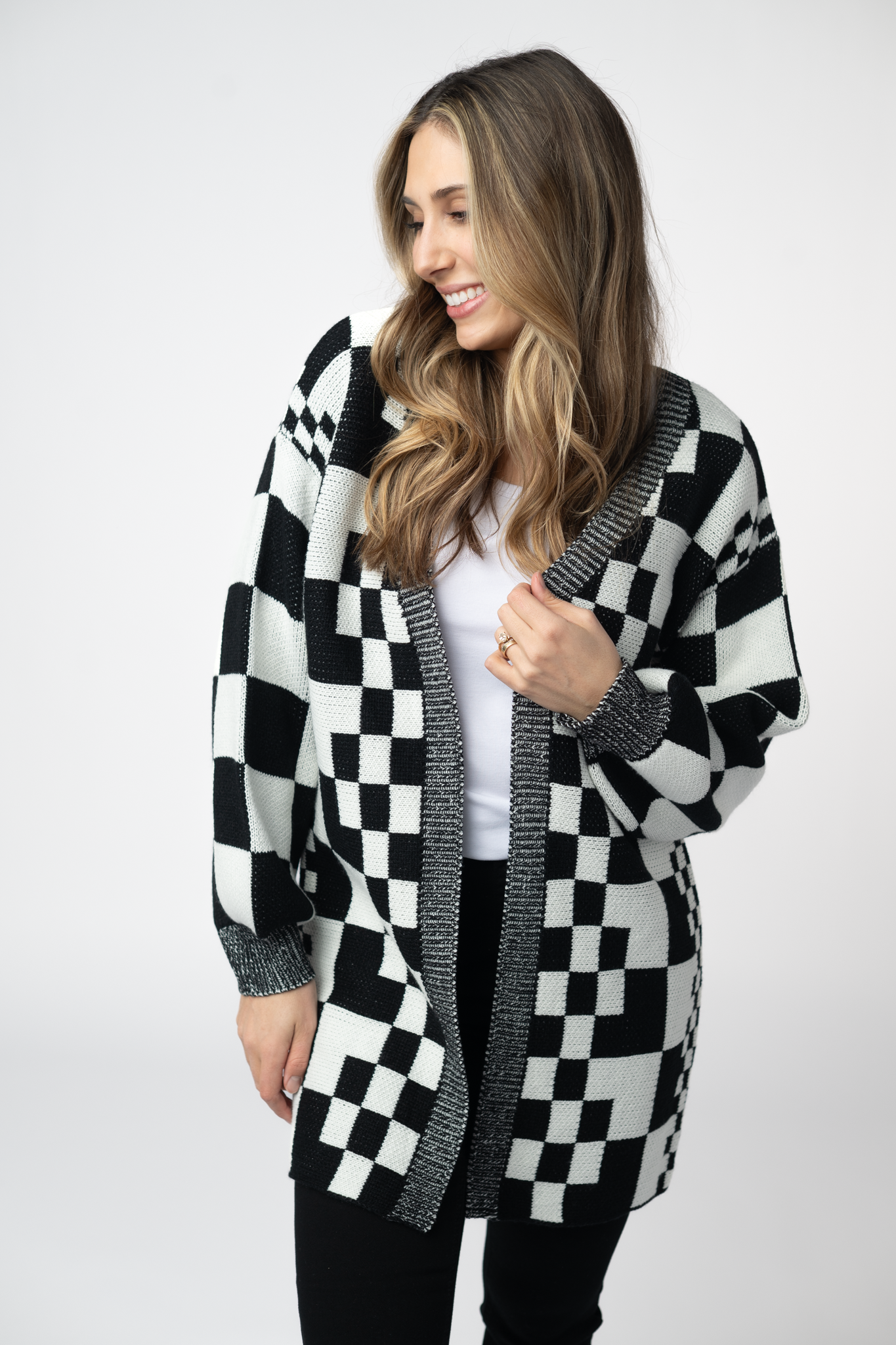 Long Checkered Pocket Cardigan - Black and White