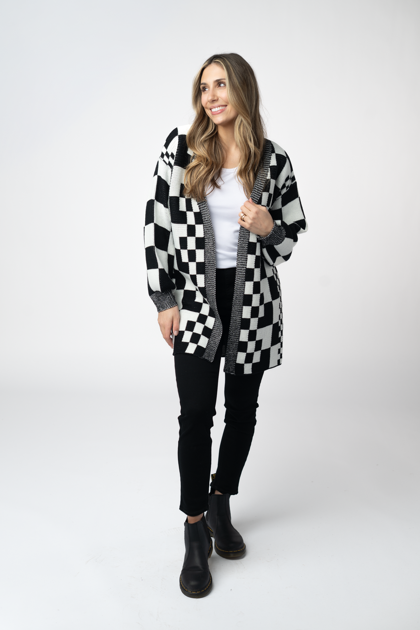 Long Checkered Pocket Cardigan - Black and White