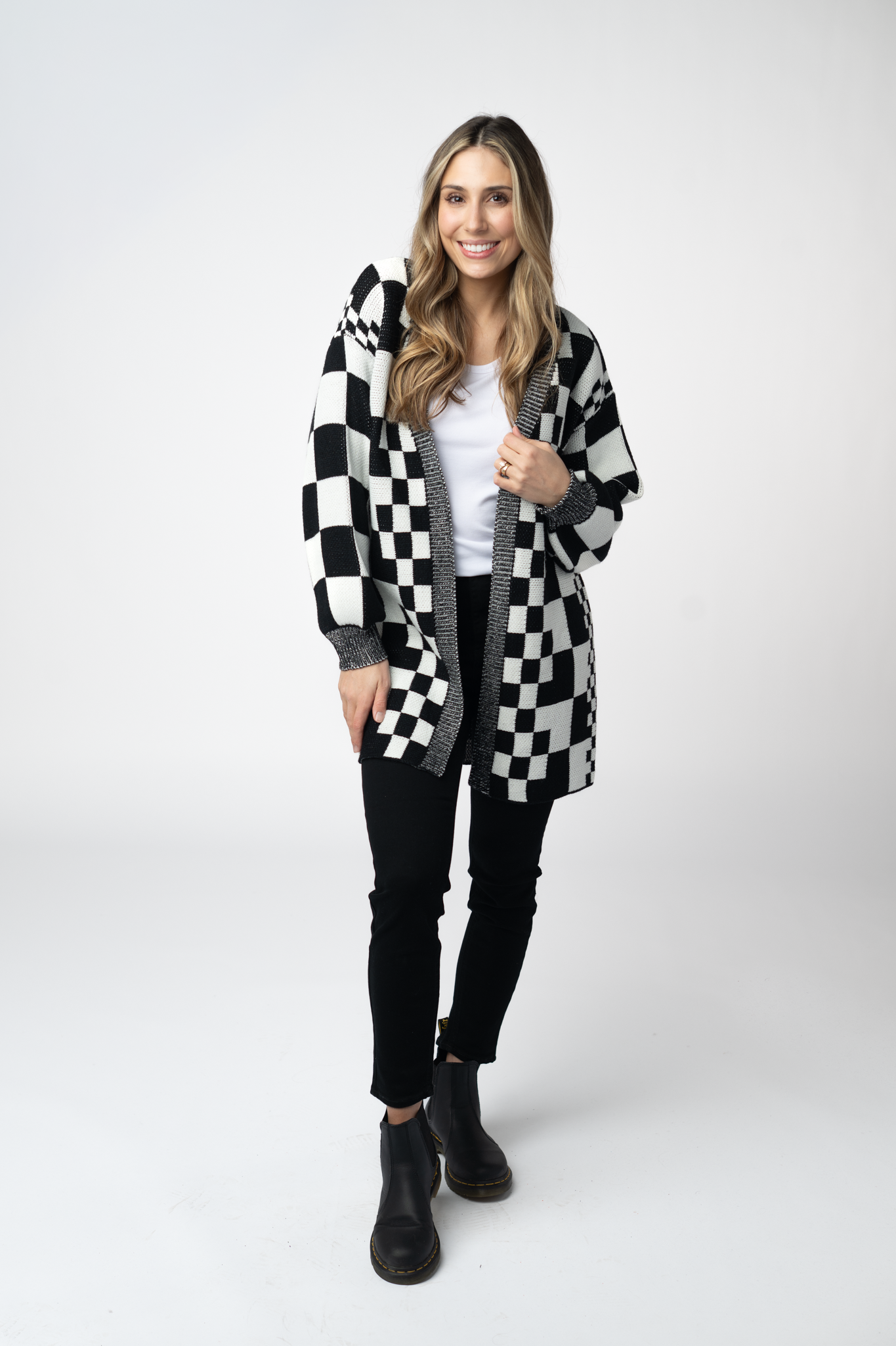 Long Checkered Pocket Cardigan - Black and White
