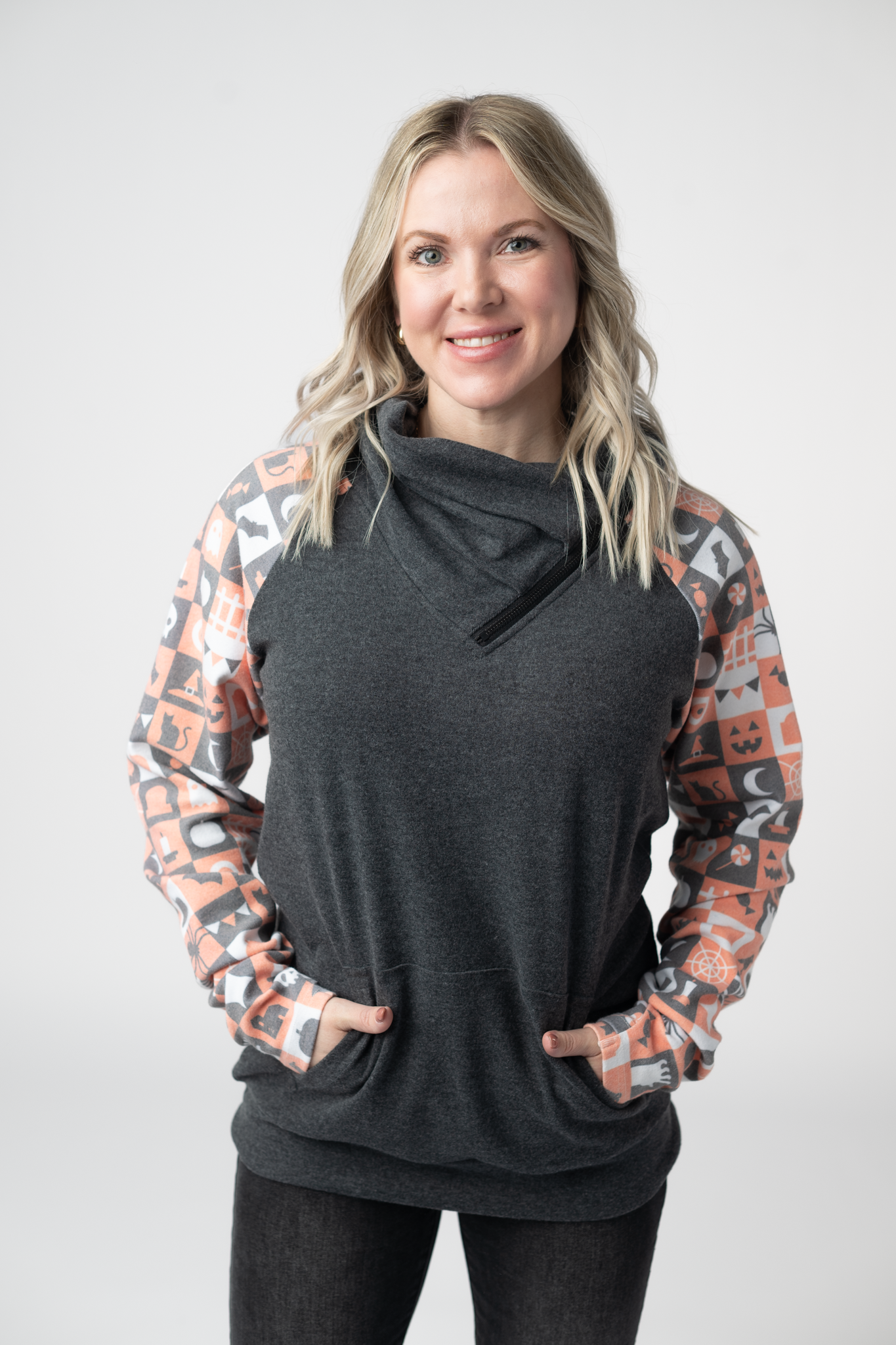 Zoey ZipCowl Sweatshirt -Trick-or-Treat Checkered and Charcoal