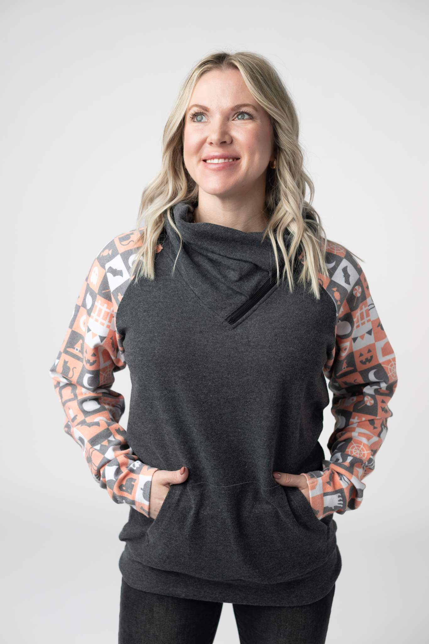 Zoey ZipCowl Sweatshirt -Trick-or-Treat Checkered and Charcoal