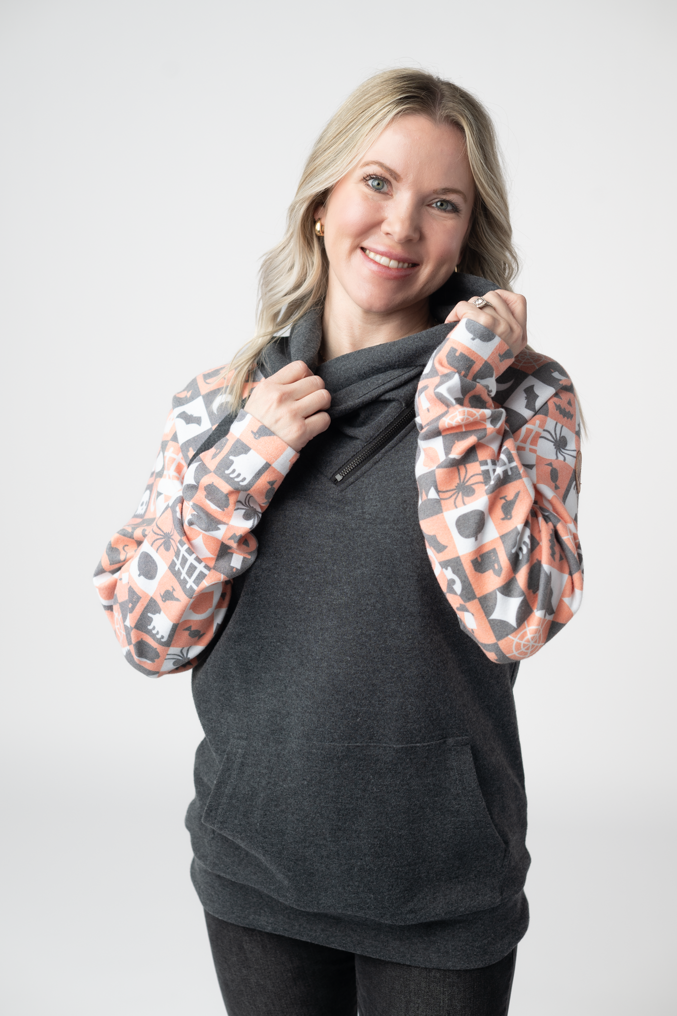 Zoey ZipCowl Sweatshirt -Trick-or-Treat Checkered and Charcoal