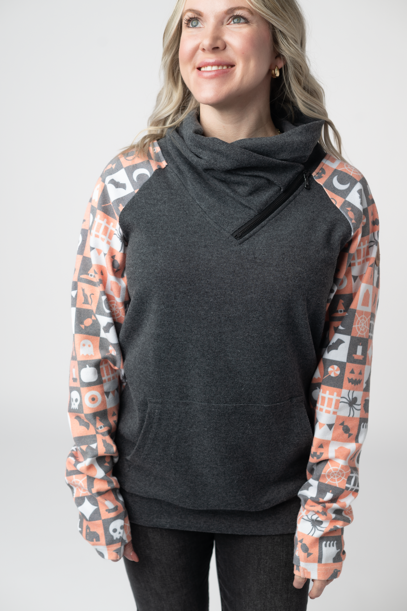 Zoey ZipCowl Sweatshirt -Trick-or-Treat Checkered and Charcoal