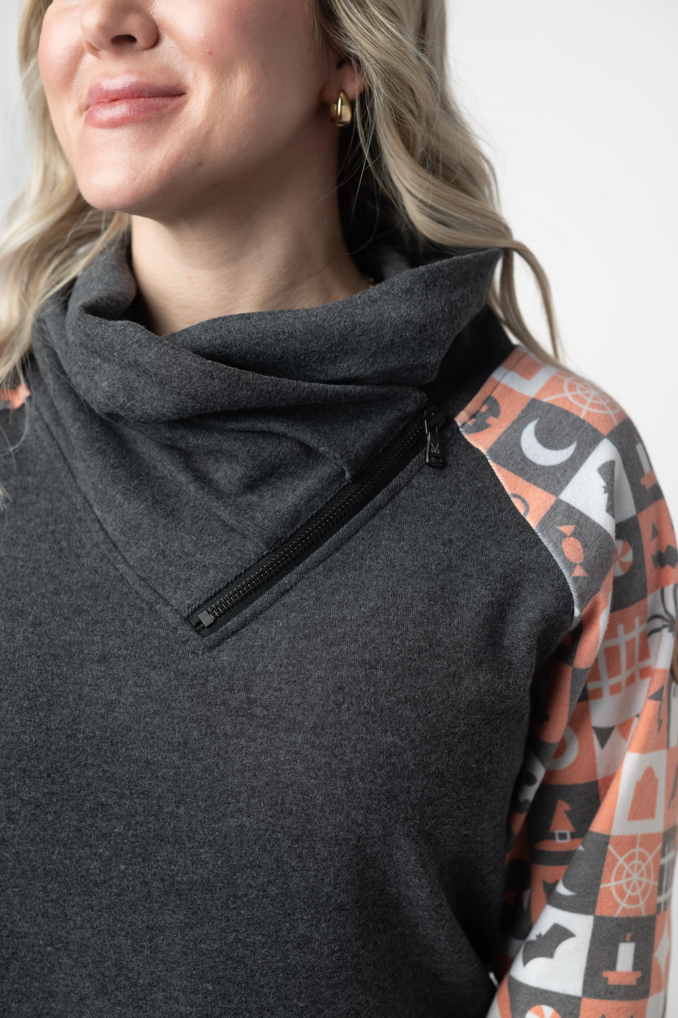 Zoey ZipCowl Sweatshirt -Trick-or-Treat Checkered and Charcoal