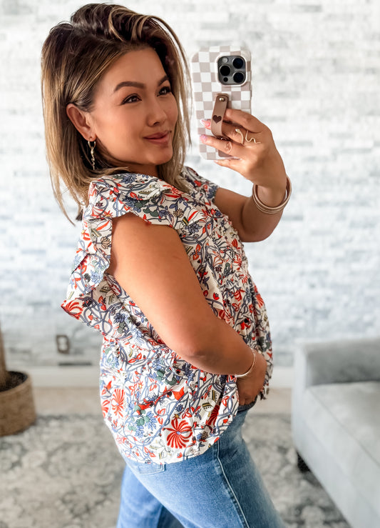 PINTUCK FLORAL FLUTTER SLEEVE BLOUSE