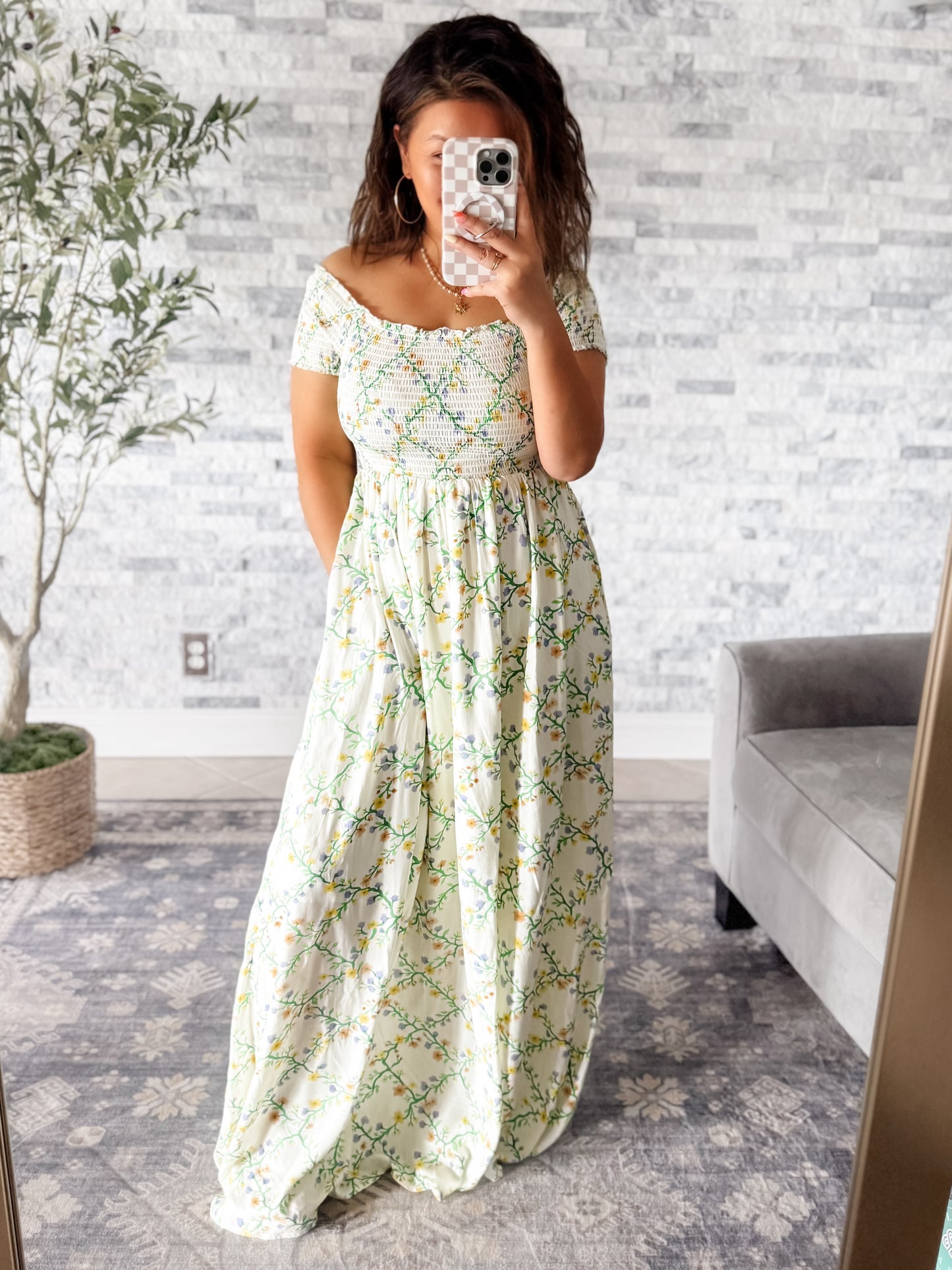 MADELINE SMOCKED MAXI  DRESS - GREEN LATTICE