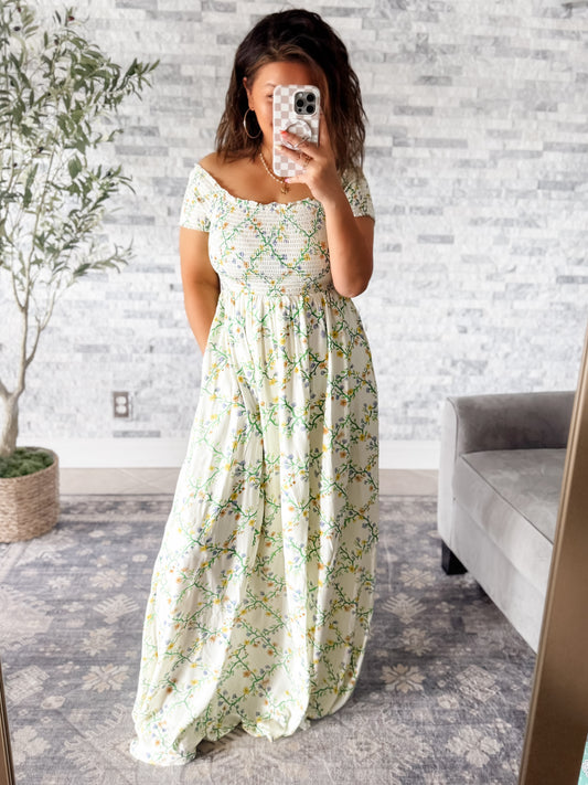 MADELINE SMOCKED MAXI  DRESS - GREEN LATTICE