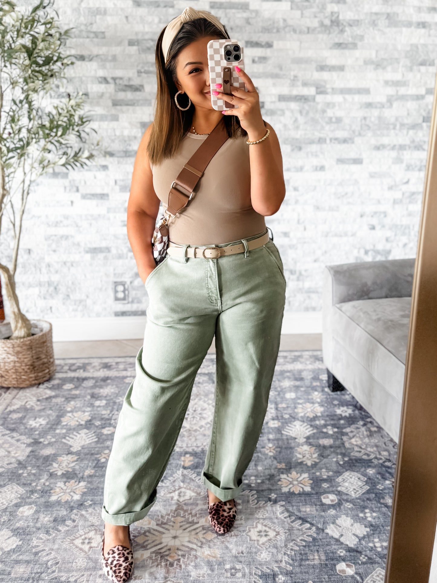 RISEN TUMMY CONTROL CROPPED OLIVE BARREL JEANS