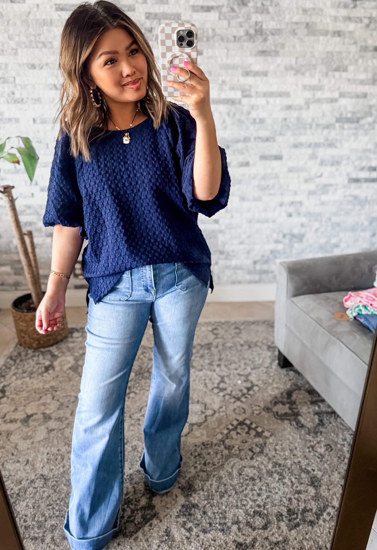 JACQUARD BOXY CUT BUBBLE SLEEVE TOP in NAVY