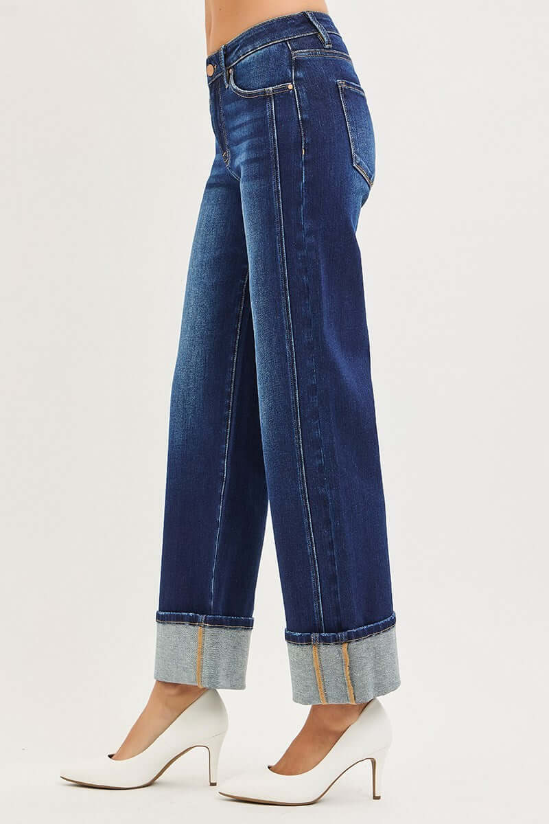 RISEN MID RISE WIDE LEG CUFFED JEANS