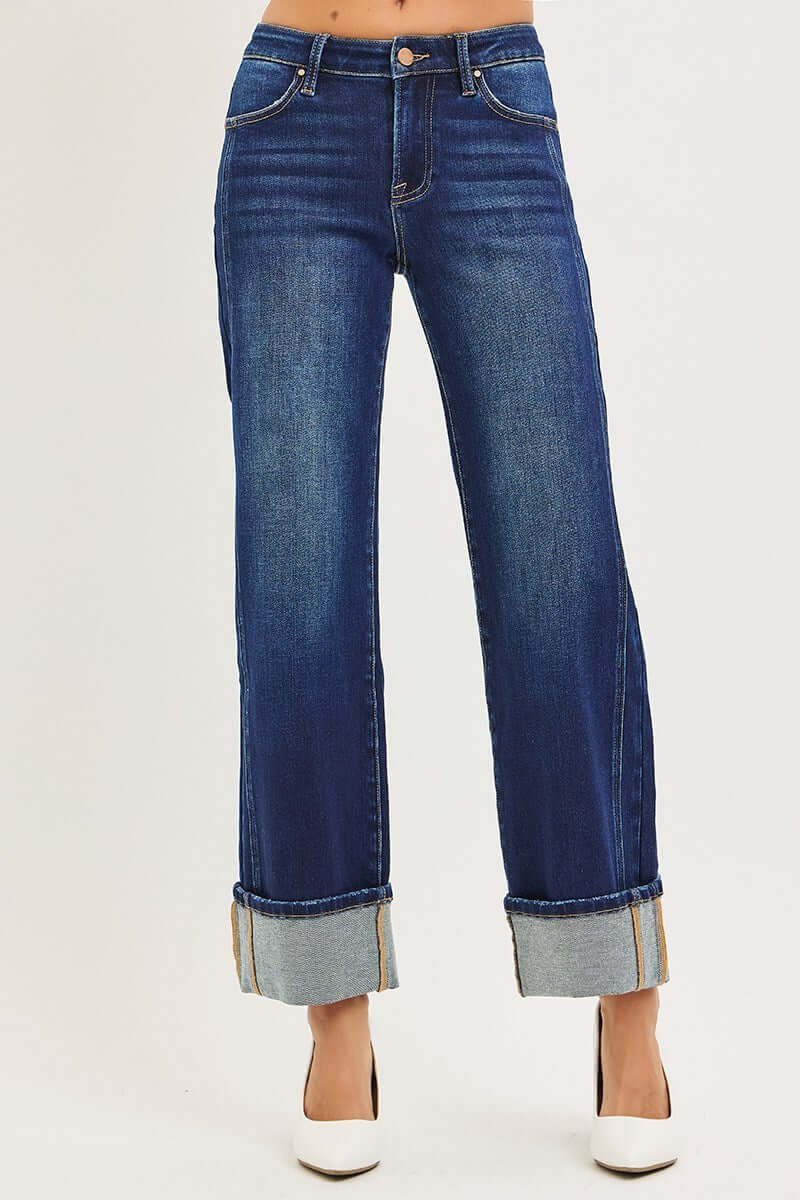 RISEN MID RISE WIDE LEG CUFFED JEANS