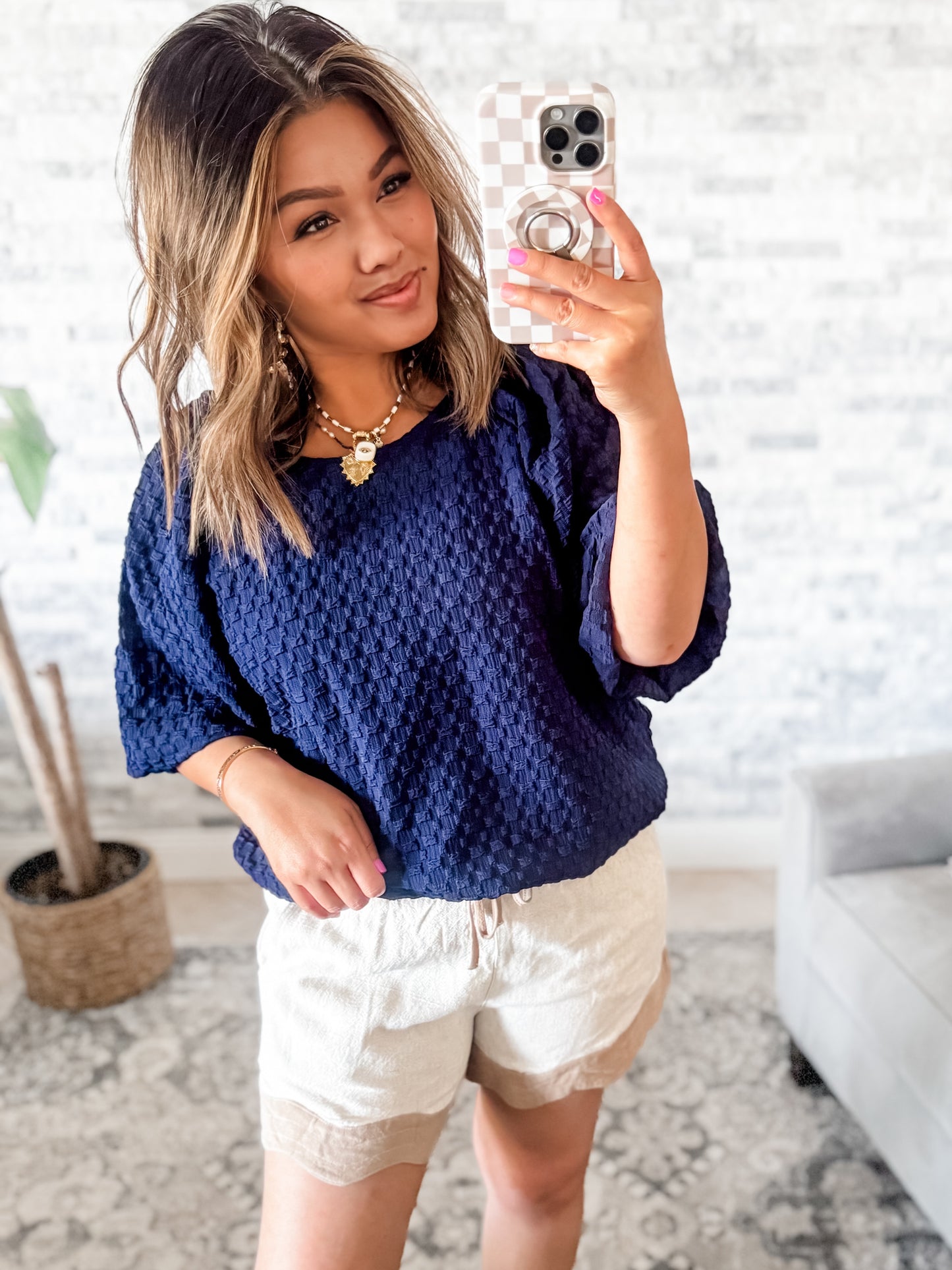 JACQUARD BOXY CUT BUBBLE SLEEVE TOP in NAVY