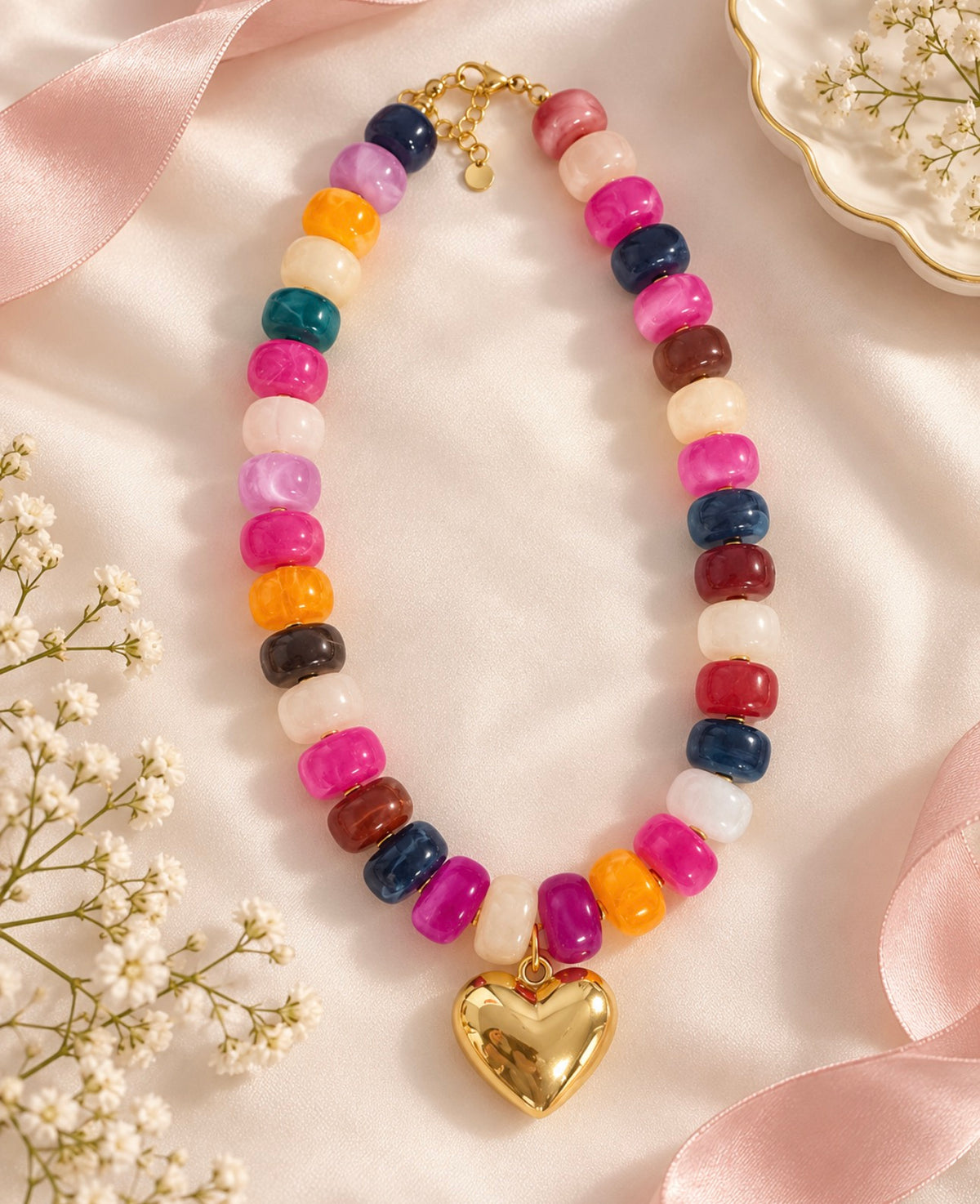 CHUNKY BEADED MULTI COLOR HEART NECKLACE