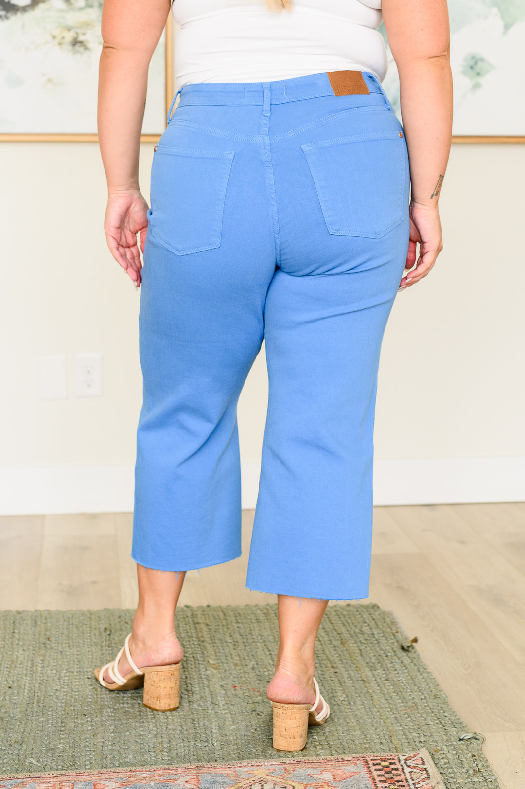 JUDY BLUE HIGH RISE TUMMY CONTROL WIDE LEG CROPS in SKY BLUE