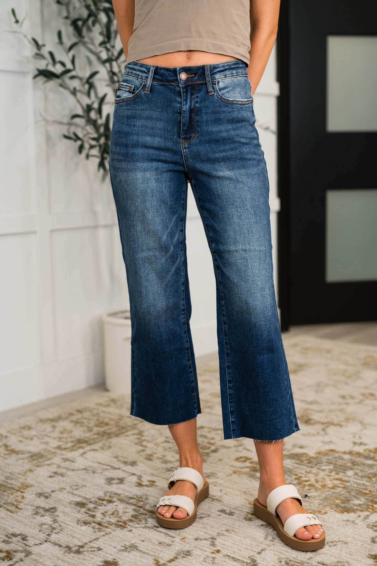 JUDY BLUE HIGH RISE DARK WASH WIDE LEG CROP JEANS